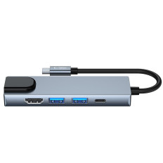 5W1 HUB USB-C-distributeur op USB-C USB-A HDMI RJ45 - GRIJS