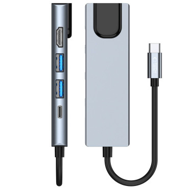 Distribuidor USB-C do Hub 5W1 no USB-C USB-A HDMI RJ45 - Cinza