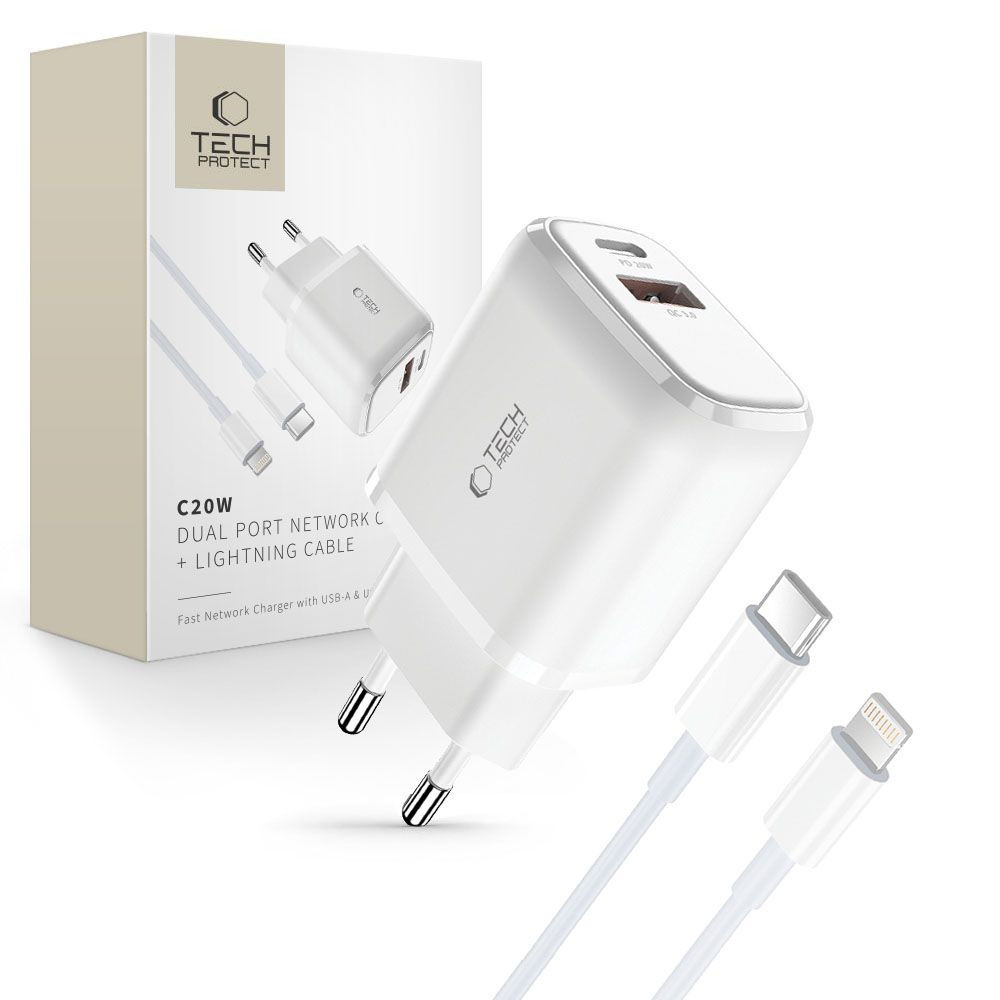 Cargador de red USB-C PD 20W / USB-A QC 3.0 con rayos USB-C / iPhone - Blanco