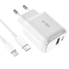 USB-C PD 20W / USB-A Tīkla lādētājs QC 3.0 ar USB-C / iPhone zibens - balts