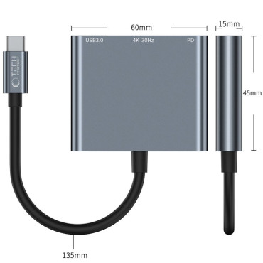3IN1 HUB USB-C Distributör på USB-A USB-C PD 100W HDMI 4K 30Hz - Grå