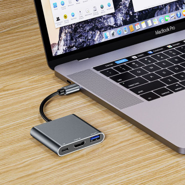 3IN1 HUB USB-C Distributör på USB-A USB-C PD 100W HDMI 4K 30Hz - Grå