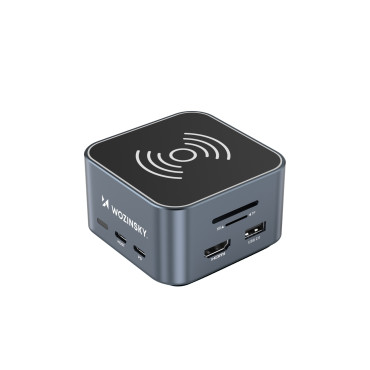 12W1 HUB με USB-A Ασύρματο φορτωτή USB-C HDMI RJ45 SD TF MINI Jack - Γκρι