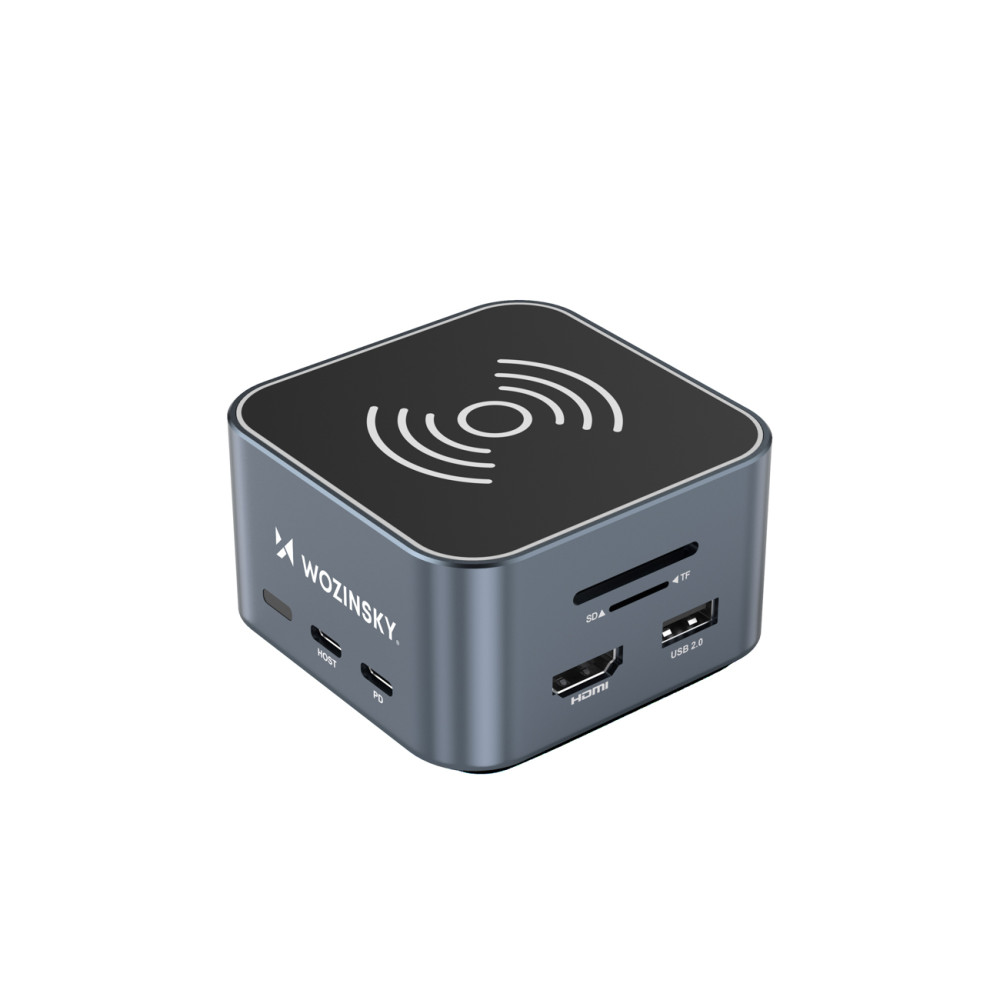 12W1 nav med USB-A Trådlös lastare USB-C HDMI RJ45 SD TF Mini Jack - Grå