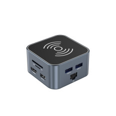 12W1 HUB s USB-A bezdrátovým nakladačem USB-C HDMI RJ45 SD TF Mini Jack - šedá