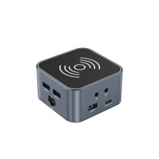 12W1 HUB con USB-A Cargador inalámbrico USB-C HDMI RJ45 SD TF MINI JACK - GRIS