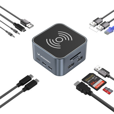 12W1 nav med USB-A Trådlös lastare USB-C HDMI RJ45 SD TF Mini Jack - Grå