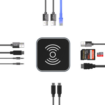 12W1 nav med USB-A Trådlös lastare USB-C HDMI RJ45 SD TF Mini Jack - Grå