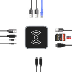 12W1 mezgls ar USB-a bezvadu iekrāvēju USB-C HDMI RJ45 SD TF Mini Jack - Grey