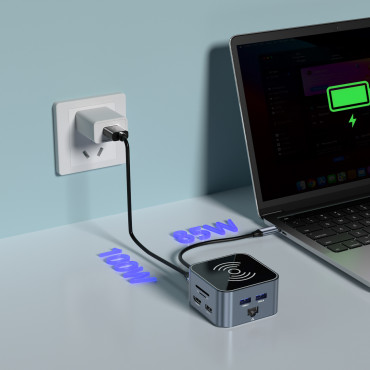 12W1 mezgls ar USB-a bezvadu iekrāvēju USB-C HDMI RJ45 SD TF Mini Jack - Grey
