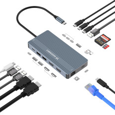 14W1 HUB jusqu'à 3 Moniteurs USB-A, Usb-C displayPort HDMI RJ45 SD TF Mini Jack - Gris