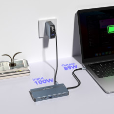 14W1 HUB Até 3 monitores USB-C DisplayPort HDMI RJ45 SD TF Mini Jack - Gray