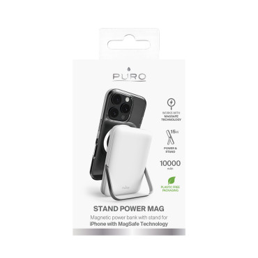 PowerBank bezvadu 10000mAh USB-C MagSafe ar stendu - balta