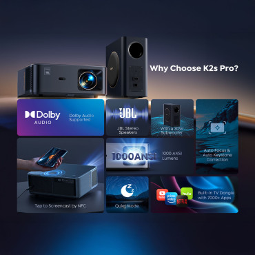 Fullhd 1080p LCD multimediju projektori ar JBL skaļruņiem un WiFi BT K2S Pro Subwoofer - Black