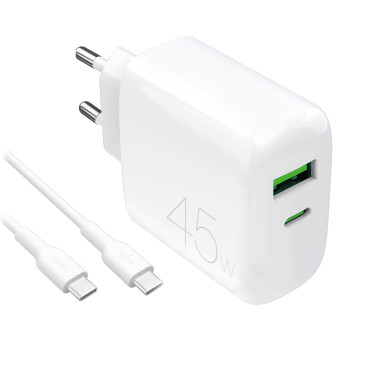 USB-C USB-A PD network charger with USB-C cable 45W - white