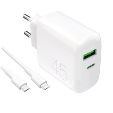 USB-C USB-A PD Omrežni polnilnik z USB-C 45W - belim kablom