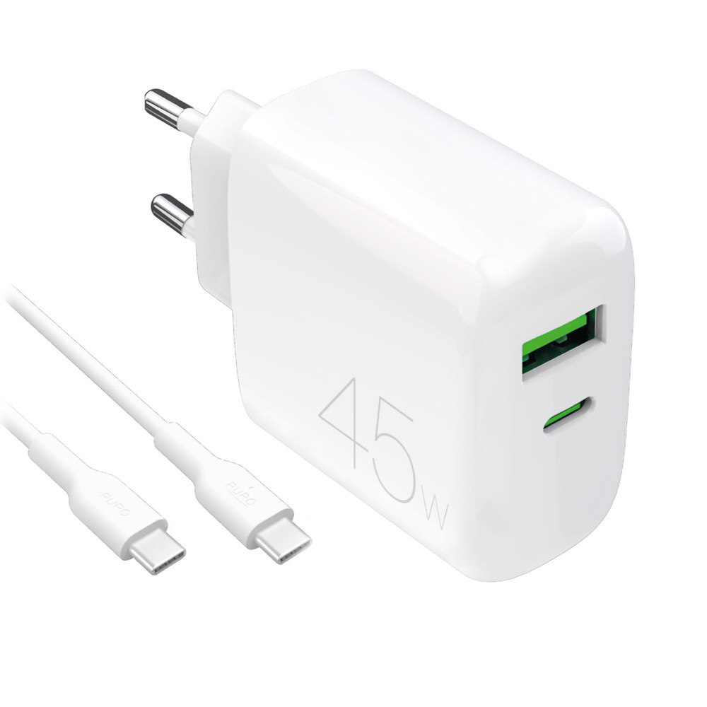 USB-C USB-A PD Omrežni polnilnik z USB-C 45W - belim kablom