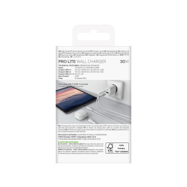 USB-A USB-C-laddare med 30W USB-C-kabel 1.2m - vit