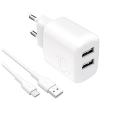 2x USB-A ProLITE 10W -verkon laturi USB-kaapelilla - USB-C 1.2m - valkoinen