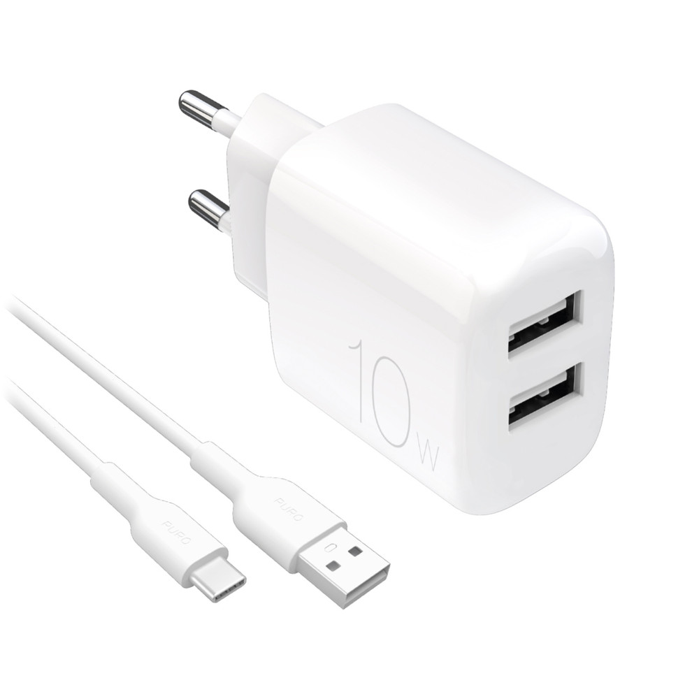 2x USB-A Prolite 10W Omrežni polnilnik z USB-A kabel - USB-C 1.2m - bela