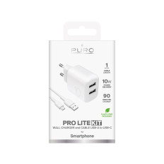 Ładowarka sieciowa 2x USB-A PROLITE 10W z kablem USB-A - USB-C 1.2m - biała