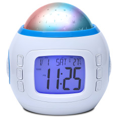 7W1 Reloj despertador reloj con cielos de cielo de diseño con una lámpara de noche un termómetro 10 melodías