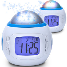 7W1 Reloj despertador reloj con cielos de cielo de diseño con una lámpara de noche un termómetro 10 melodías