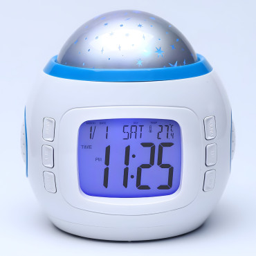 7W1 Klockväckarklocka med designer himmelskidor med en nattlampa En termometer 10 melodier