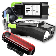 Lampe à vélo avant avant avec un compteur avec cloche avec des vannes pour batterie