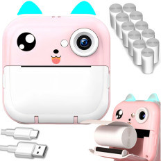 Termální tiskárna pro děti s kamerovým reproduktorem 5 her Mini Cat 11 Rolls - růžová