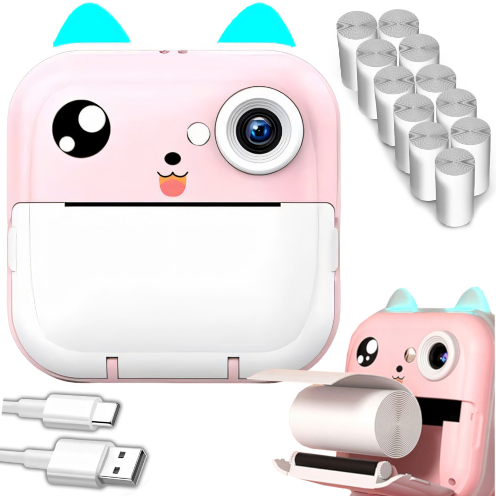 Termisk skriver for barn med kamerahøyttaler 5 Spill Mini Cat 11 Rolls - Pink