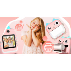 Imprimante thermique pour enfants avec caméra haut-parleur 5 jeux mini chat 11 rouleaux - rose