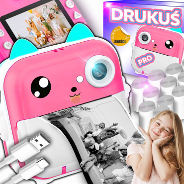 Termisk skriver for barn med kamerahøyttaler 5 Spill Mini Cat 11 Rolls - Pink