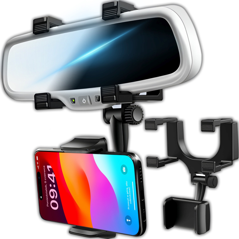Autohouder voor de telefoon op de achteruitkijkspiegel Autohouder voor de telefoon op de achteruitkijkspiegel