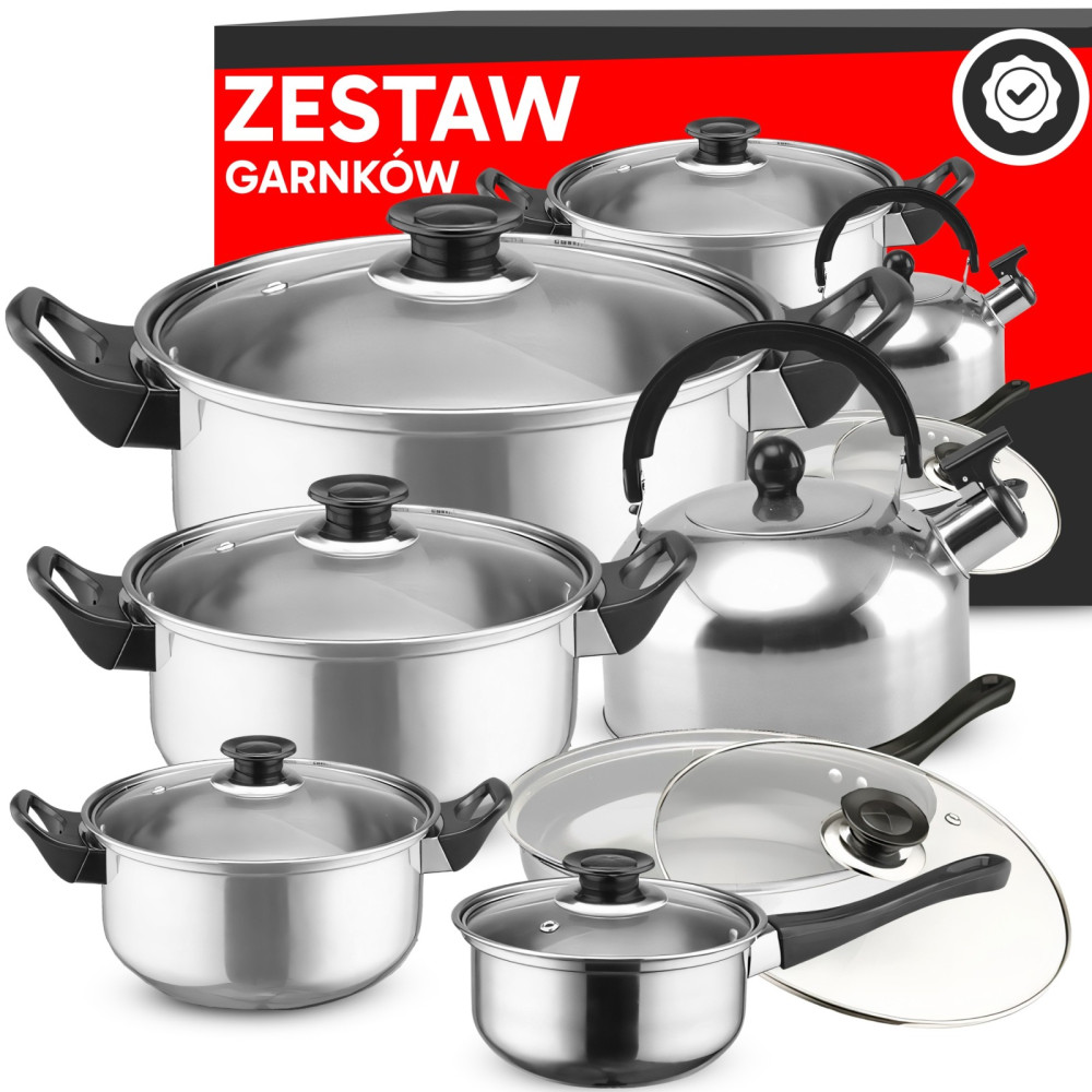 Een reeks keukenpotten met een waterkoker met een pan-gasinductie - 11 EL.