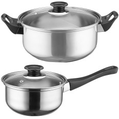 Um conjunto de vasos de cozinha com uma chaleira com uma panela de indução de gás - 11 el.