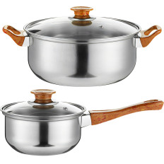 Um conjunto de vasos de cozinha com uma chaleira com uma indução de panela de gás - 11 el.