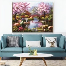 Kit de punto de cruz de Sakura 50x40 cm Conjunto completo con hilos, agujas y patrón de cerezas florecientes para bordados