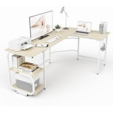 L-shaped desk with white shelves