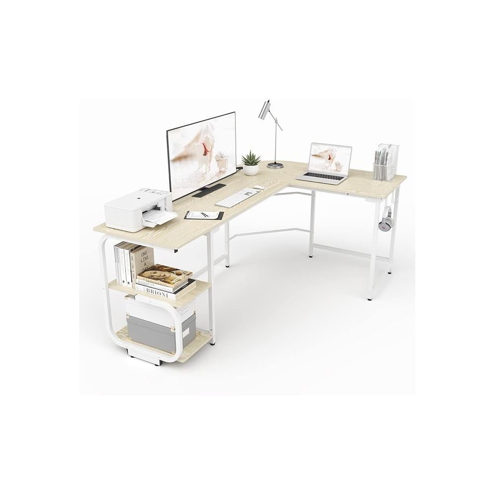 L-shaped desk with white shelves