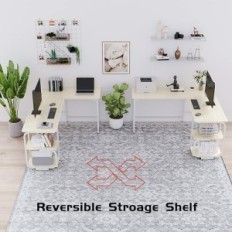 Mesa de l em forma de l com prateleiras brancas