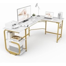 L-formad skrivbord med vita hyllor + guldram