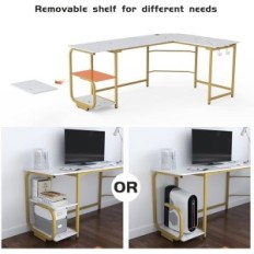 Mesa de l em forma de l com prateleiras brancas + moldura de ouro