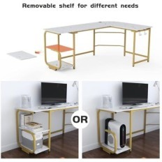 L-vormige bureau met witte planken + gouden frame