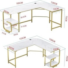 Mesa de l em forma de l com prateleiras brancas + moldura de ouro