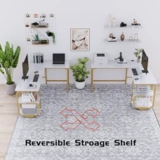 L-shaped desk with white shelves + gold frame