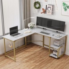 L-vormige bureau met witte planken + gouden frame