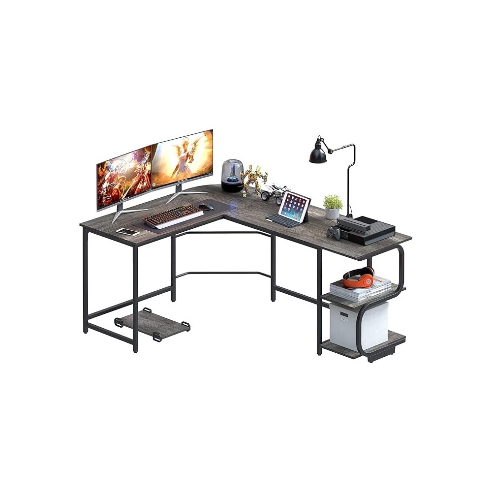 L-formet skrivebord med hvite hyller + gylden ramme