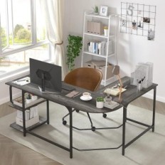 Bureau en forme de L avec étagères blanches + cadre doré