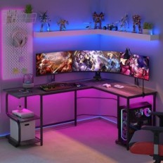 L-shaped desk with white shelves + golden frame